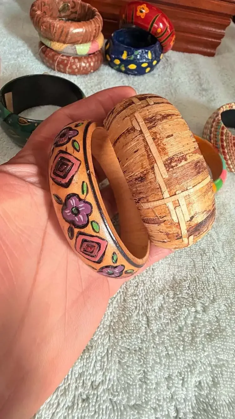Set of 10 Assorted Vintage Style Boho Wooden and Textured Bangle Bracelets